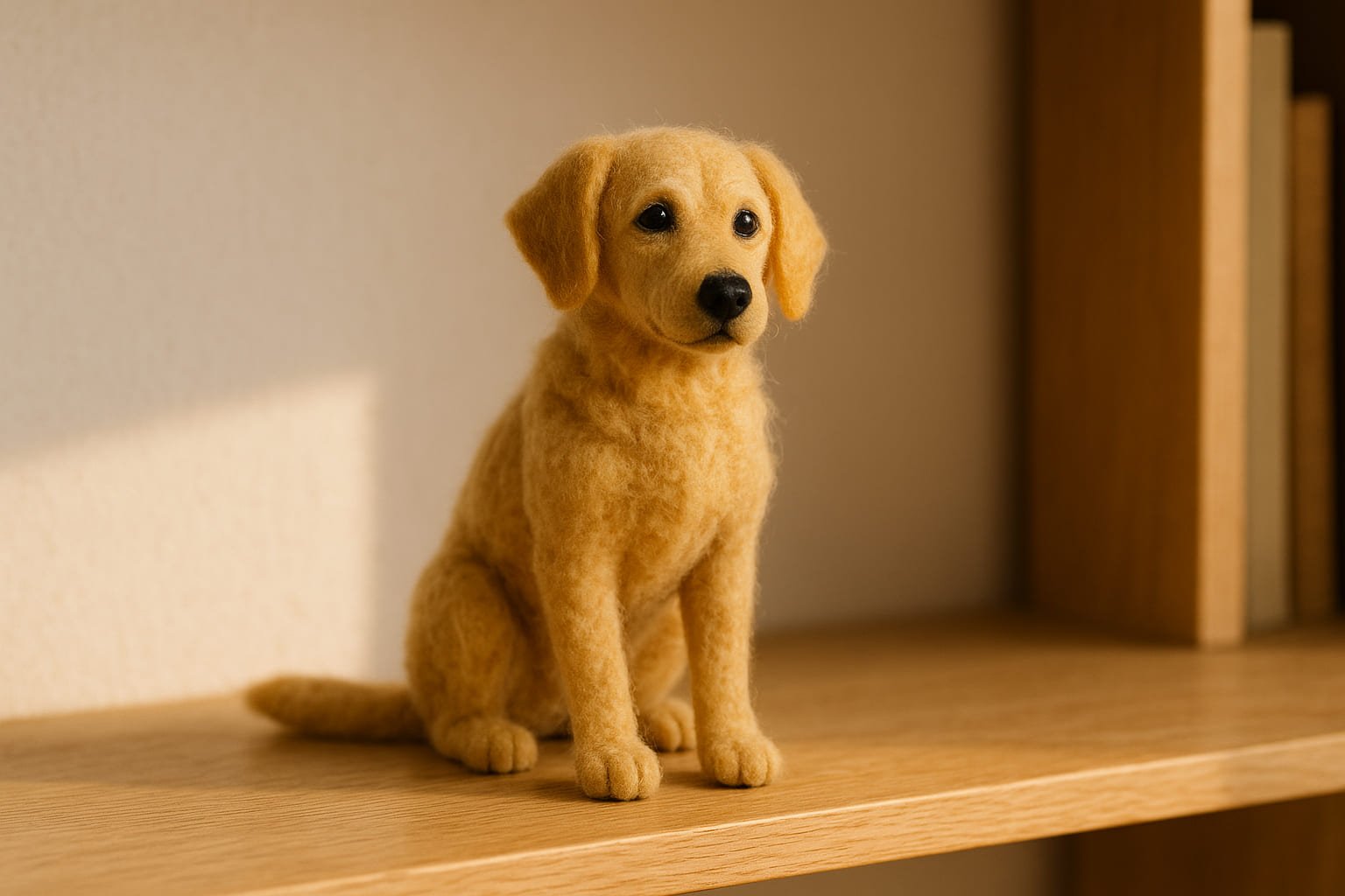 felted dog sculpture on shelf