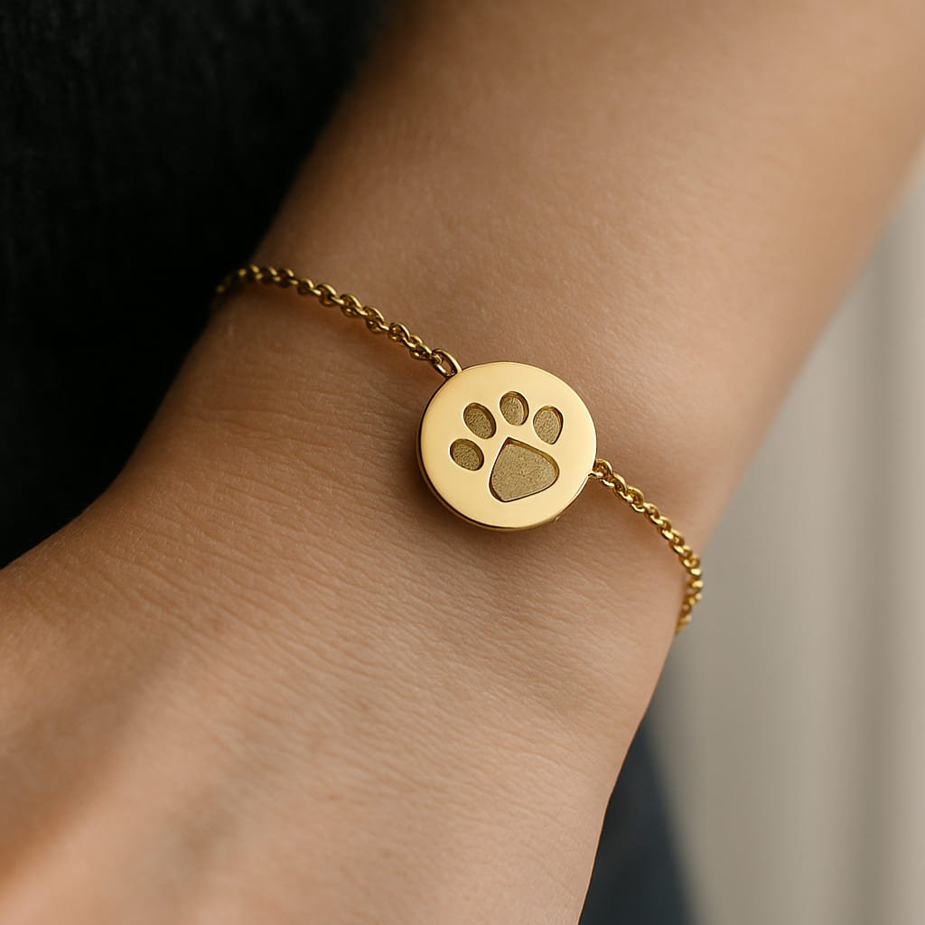 gold paw print bracelet on wrist