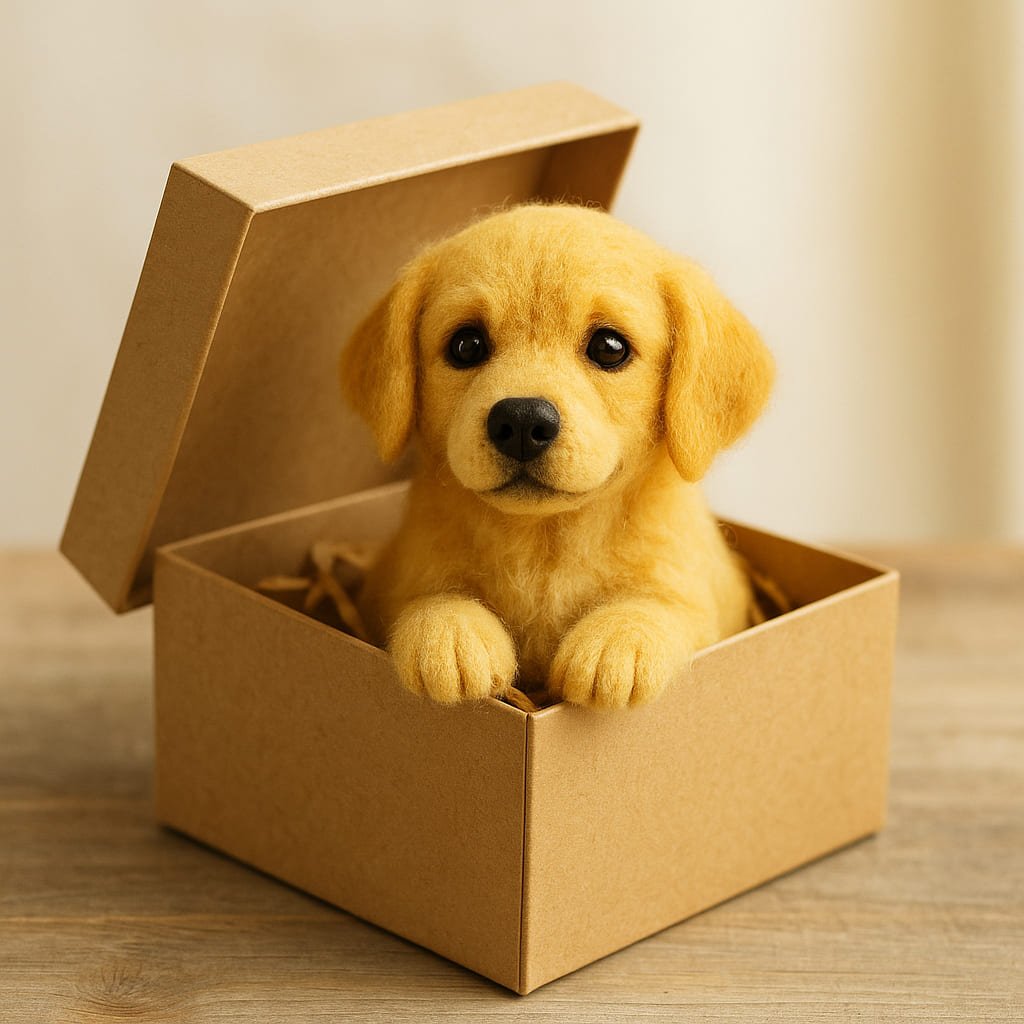 felted golden retriever inside gift box