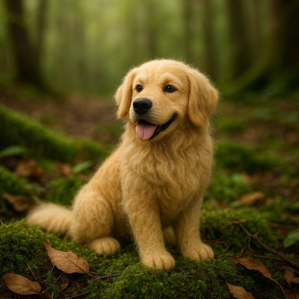 Wool felt cat sculpture on moss
