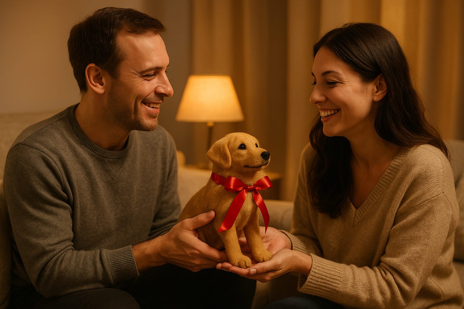 couple gifting felted puppy