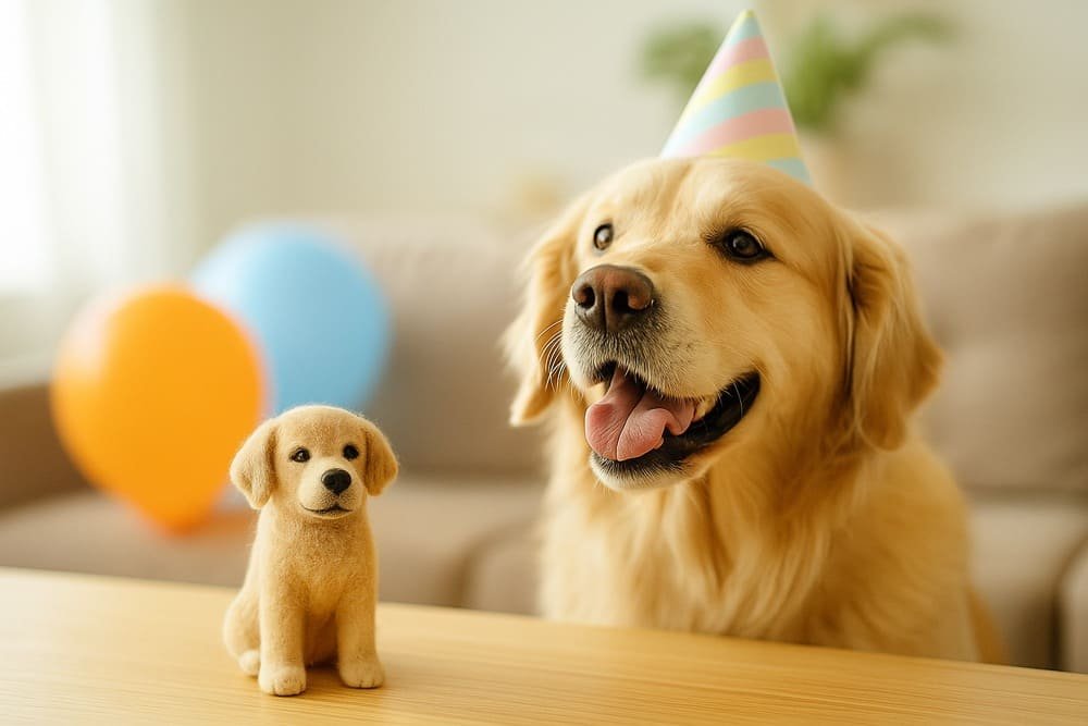 golden retriever birthday with felted twin