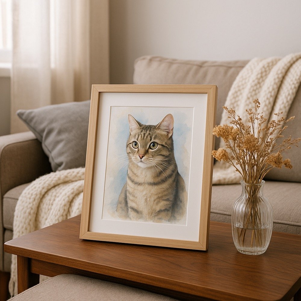 warm living room with a framed watercolor pet portrait on a side table surrounded by soft throws and dried flowers, natural light, photography style