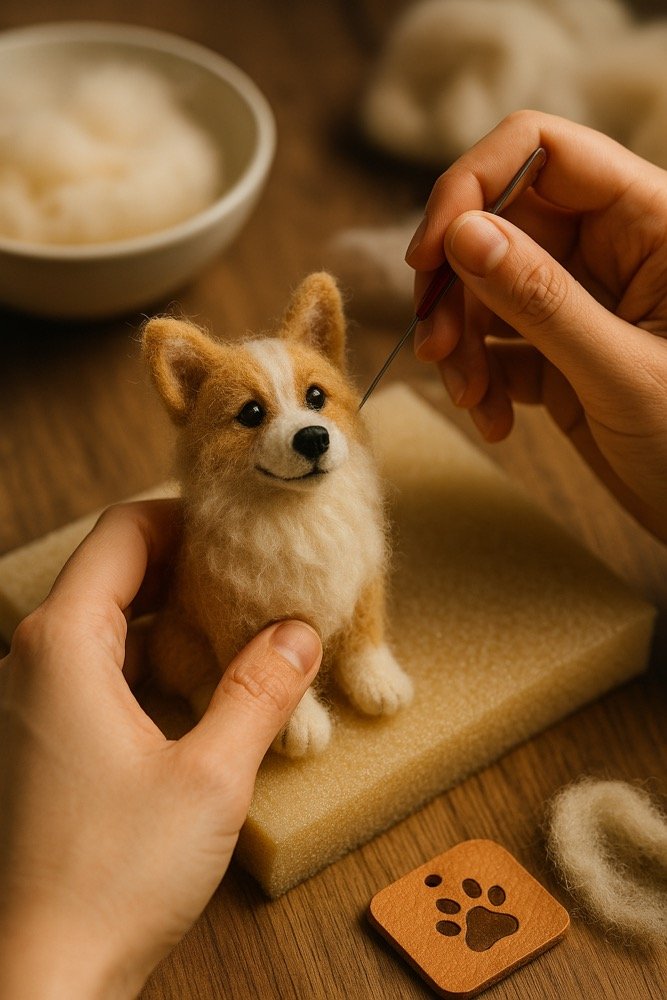 needle-felting a corgi sculpture